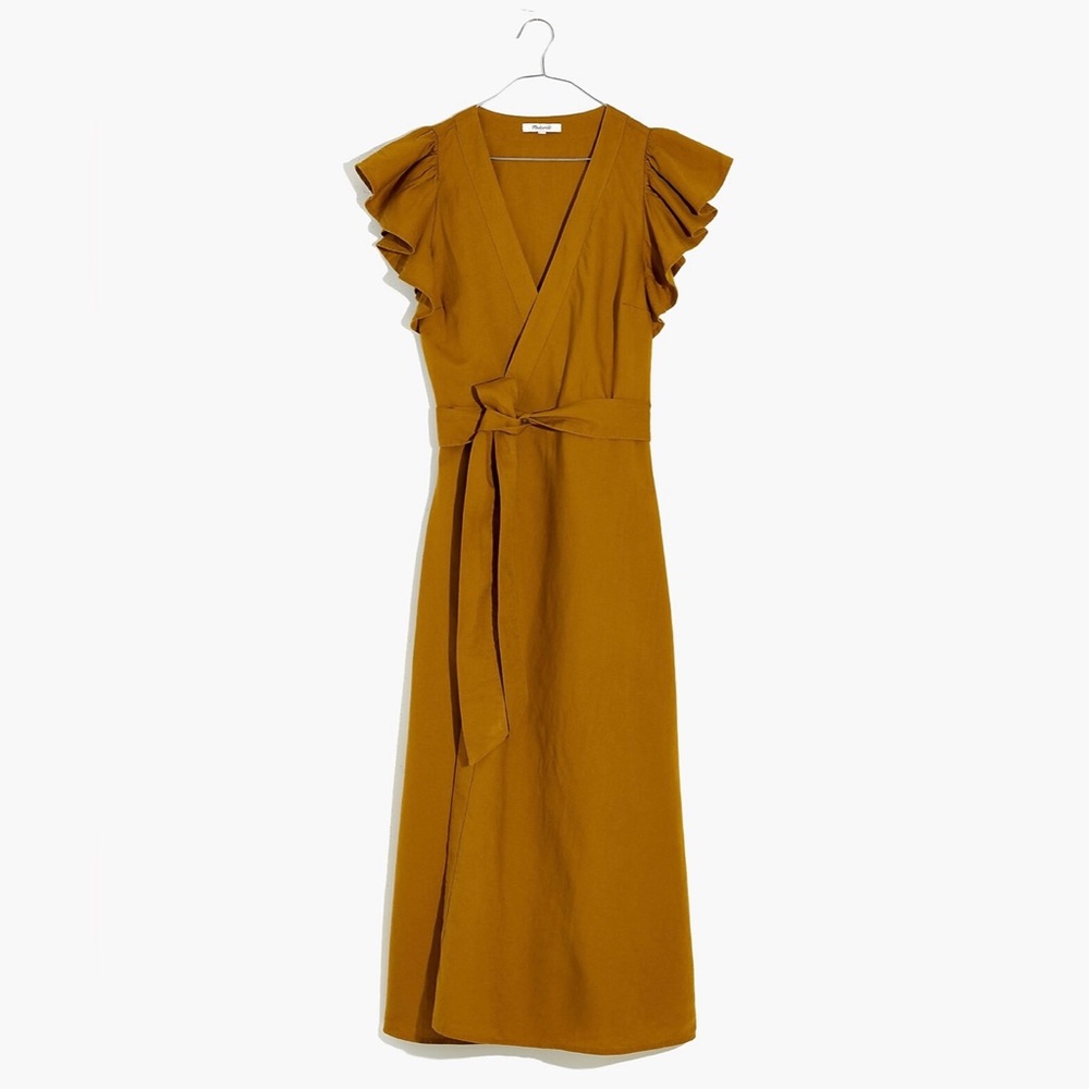 Madewell Linen-Blend Ruffle-Sleeve Wrap Midi Dress